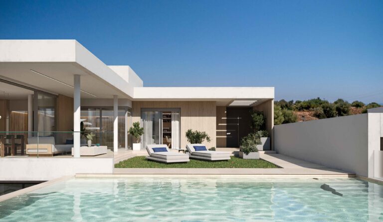 Noticias 12 Jardin y piscina de las villas de la nueva y exclusiva promocion Cyan junto al mar de AEDAS Homes en Zenity La Gaspara Estepona